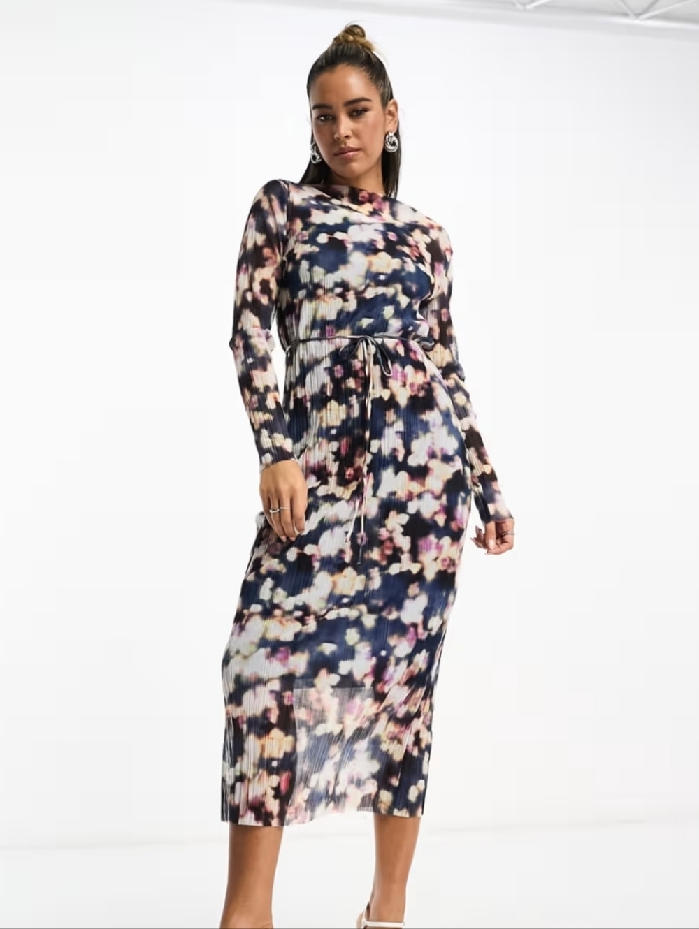 Floral Print Long Sleeve Midi Dress in Navy and Pink
